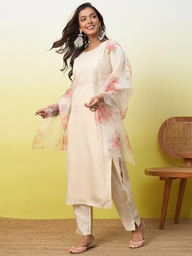 Image of VredeVogel Women's Silk Blend Embroidered Straight Kurta Pant Set with Organza Dupatta