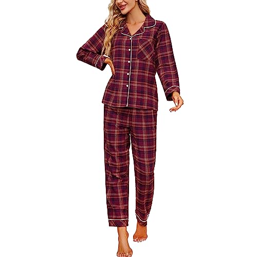 HEARTNICE Damen 100% Baumwolle Schlafanzug Pyjama weich kariert Langarm Flanell warm Pyjamas Set Button Down gewebt Lounge Set lang (Weinrot Braun...
