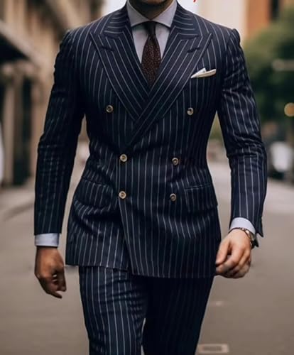 ORBITRAY Striped Mens Suits Double Breasted for Wedding Groom 2-Pieces Tuxedos Best Man Blazer Pants2