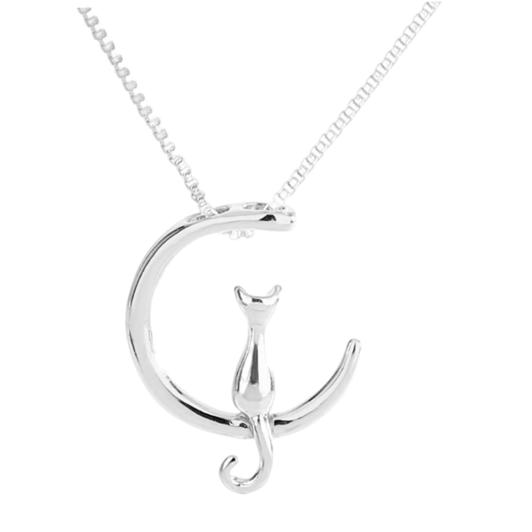 Cakeeyum Women's Silver 925 Sterling Necklace Chain Lovely Cat Moon Pendant Necklace Chain Charm Jewelry Pet Lover For Girls 925 Sterling Cat Moon Pendant Nec
