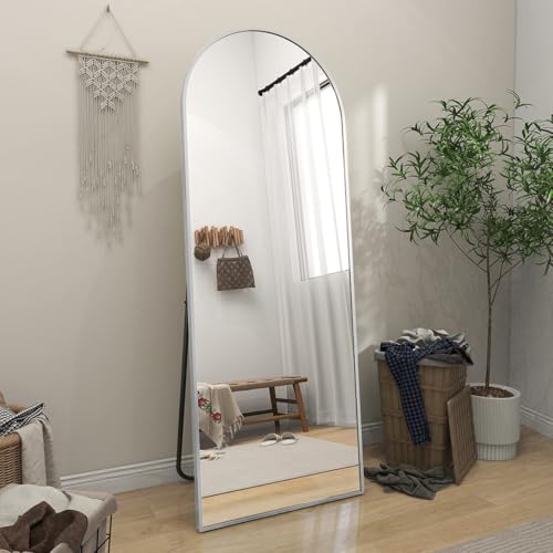 BEAUTYPEAK 64"x21" Arch Full Body Floor Mirror, Full Length Mirror Hanging or Leaning Arched-Top, Wall Mirrors with Stand for Bedroom, Dressing Room, Silver