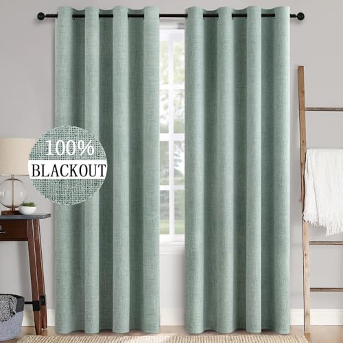 Image of MIULEE Linen Texture Curtains for Bedroom Solid 100% Blackout Thermal Insulated Seafoam Green Curtains Grommet Room Darkening Drapes for Living Room Nursery 52x96 Inch (2 Panels)