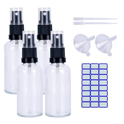 Sewokon 4 botellas de cristal con atomizador de 50 ml, transparentes, recargables, para viajes y artículos de tocador