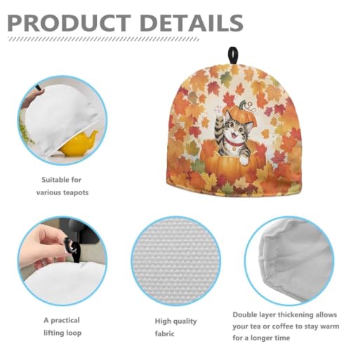 Image of Hudotybom Fall Maple Cat Tea Pot Cozies Thanksgiving Coffee Breakfast Warmer Teapot Dustproof Insulated Covers Tea Kettle Quilt for Kitchen