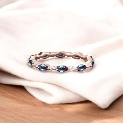 Unique Marquise Alexandrite Wedding Band, Full Eternity Rose Gold Moissanite Wedding Jewelry, Straight Row Custom Bridal Stacking for Women - Vintage Dainty Promise, Birthday Gift, Stackable Jewelry2