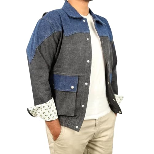Men Blue & Grey Denim Jacket - Retro Vintage Jean Jacket, Blue Denim Jacket for Men2