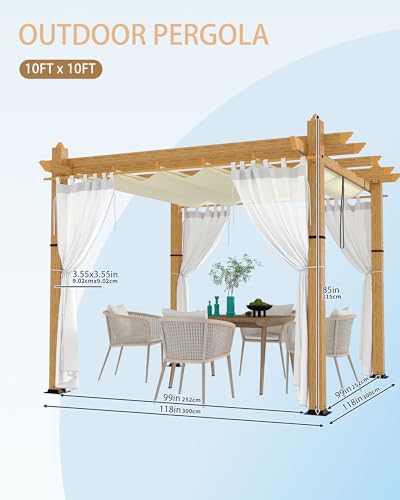 Image of KYBOLT 10x10 Ft Outdoor Pergola with Retractable Canopy Metal Gazebo Imitation Wood-Grain Column with Side Mesh Screen Modern Pavilion for Backyard(Beige+White)