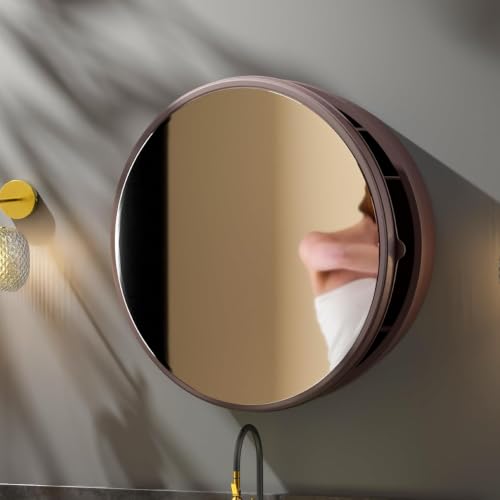 Image of iSTAR Round Wall Mirror with Storage Shelf | Bathroom Vanity Mirror with Hidden Storage Cabinet | Wall Mounted Decorative Mirror for Bathroom, Bedroom, Living Room (Brown)