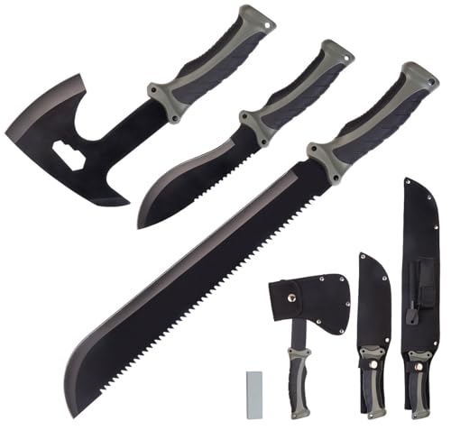 Semptec Urban Survival Technology Axt: Outdoor Survival Beil-Set inkl. Messer & Machete 3 Gürtelscheiden (Klinge Messer Multifunktionsset Schleifstein)