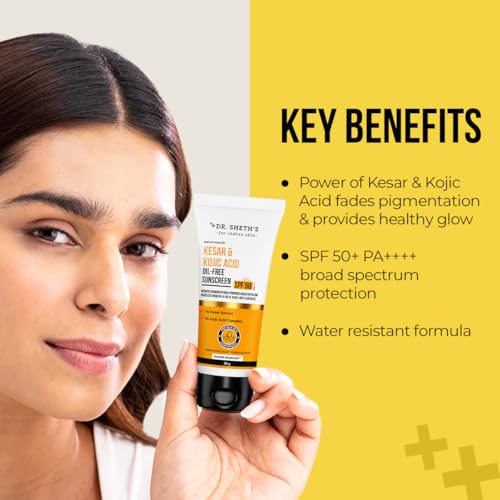 Image of Dr. Sheth's Kesar & Kojic Acid Oil-Free Sunscreen SPF 50+ Pa++++ |In-Vivo Tested | For Pigmentation-Free Skin | Lightweight & Non Greasy | For UVA /UVB & Blue Light & IR Protection | No White Cast | For Oily Skin | For Men & Women | 30 g