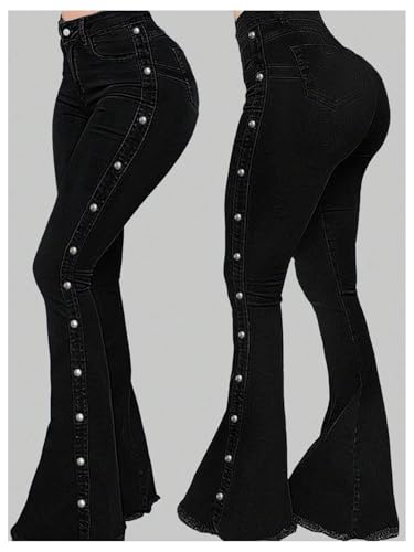 WDIRARA Women's Button Side Flare Jeans High Waisted Raw Hem Bell Bottom Denim Pants4