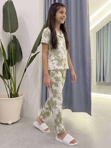 Image of Li'l Tomatoes Girls 100% Cotton Night Suit Set | Half Sleeve Shirt & Pyjama Set | Soft & Breathable Sleepwear | Casual Summer Wear | 9-16 Years