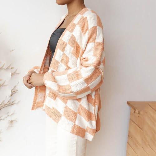 Image of Womens Checkered Cardigan Sweater Loose Long Sleeve Open Front Sweater Knit Coat Casual Oversized Plaid Cardigan Tops