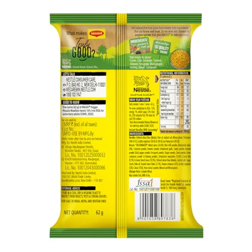 MAGGI 2-Minute Veggie Masala Instant Noodles, 62g, Pouch