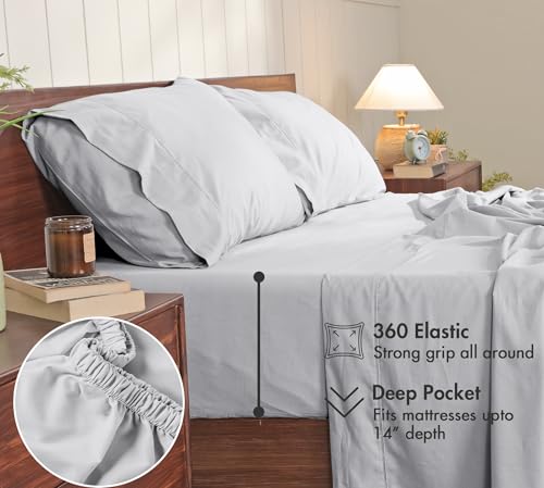 Image of RUVANTI 100% Cotton Percale Sheets Twin XL - Crisp Cooling Summer Bed Sheets for Hot Sleepers, Deep Pocket 14 inch, Soft Peach Finish, Breathable & Durable Hotel-Style 3 Piece Set, Light Grey