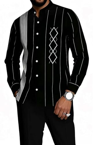 TIFIYA Men's 2 Piece Stand Collar Fashion Shirts Suit,Minimalist Line Print Business Leisure Walking Sets TM126-10-5XL