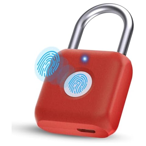 Pothunder Fingerprint Padlock, Smart Metal Keyless Fingerprint Lock, Waterproof, USB Rechargeable, for Gym, School, Luggage, Backpack, Suitcase, Red Cover