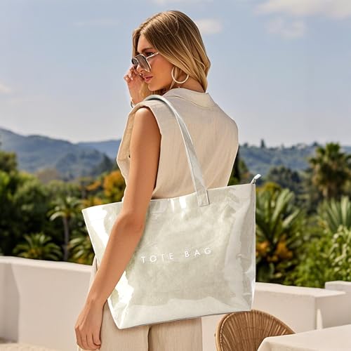 Image of KALIDI PVC Zipper Tote Bag, Jelly Kraft Paper Beach Bag Large Hobo Carry All Travel Shopping Handbag Plastic Shoulder Bag