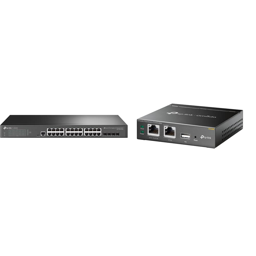 TP-Link TL-SG3428 24-Port Gigabit L2 Managed Netzwerk LAN Switch mit 4 SFP-Slots, schwarz & OC200 Omada Hybrid PoE Cloud Controller für EAP Serie, USB Port für automatisches Backup, grau metallic