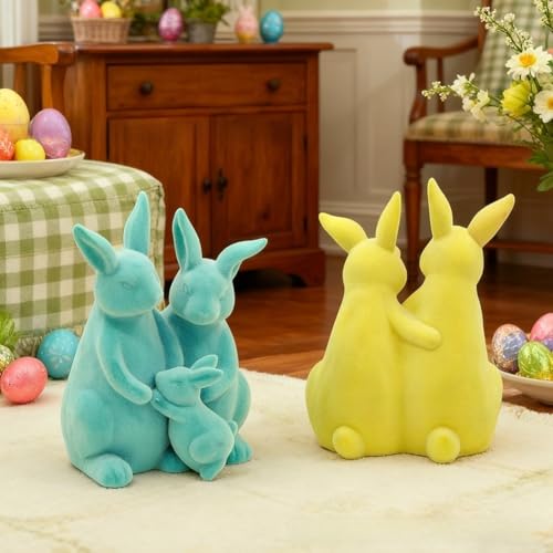 Lapin de Pâques en résine floqué bleu statuette décoration maison printemps rustique - 3