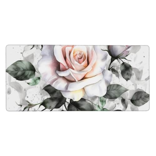 Tapis de souris long blanc aquarelle fleurie pour un bureau zen