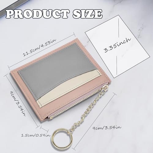 Credit Card Holder Wallet for Women, PU Leather Minimalist Wallet with Key Ring 4 Card Slots 1 Zipper Pocket (Pink and Grey)2