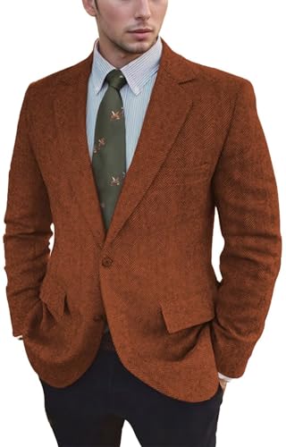 Vintage Mens Tweed Blazer Retro Wool Blend Suit Jackets Herringbone Two Button Sport Coat Prom Business Casual Wedding