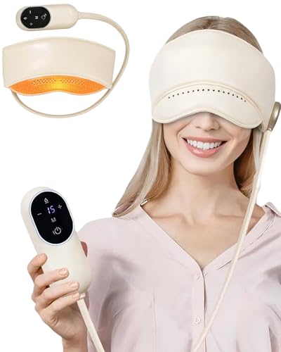 Sleep Mask with Heat,4 Modes 3 Temperature Settings,6 Airbags Compression Head and Eye Massager,Eye Care Device with Remote Control, Portable Relaxation for Home Travel Office Use (Creamy White)
