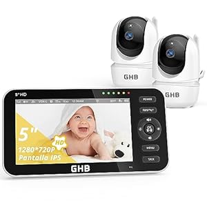 GHB Camara Vigilancia Bebe con 5″ HD Pantalla Vigilabebés con 2 Cámaras Batería de 4000mAh Soporta 4 Cámaras, Pantalla Dividida, 4×Zoom, Visión Nocturna, Comunicación Bidirecciona Escucha Bebes
