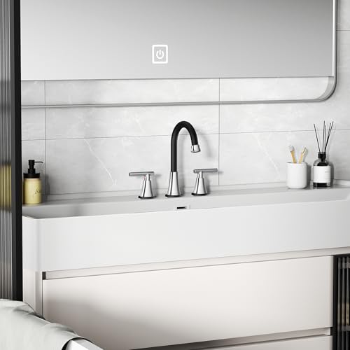 Image of Bathroom Faucet 3 Hole, Black& Chrome Faucets with Drain and Supply Lines | Hurran Stainless Steel Lead-Free Widespread Bathroom Sink Faucet for Vanity RV Restroom Laundry Outdoor Utility Sink