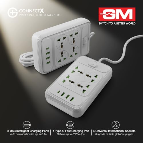 Image of GM G+ ConnectX 6-in-1 Powerstrip with Type-C, 4 Universal Sockets, 3 USB, 2500W, 2M Cable, Master Switch, Surge Protection | Extension Board for Home & Office