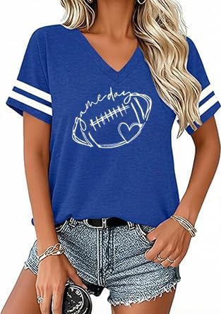 Football Shirts for Women Game Day T Shirt V Neck | Funny Football Graphic Tee Casual Short Sleeve Tops