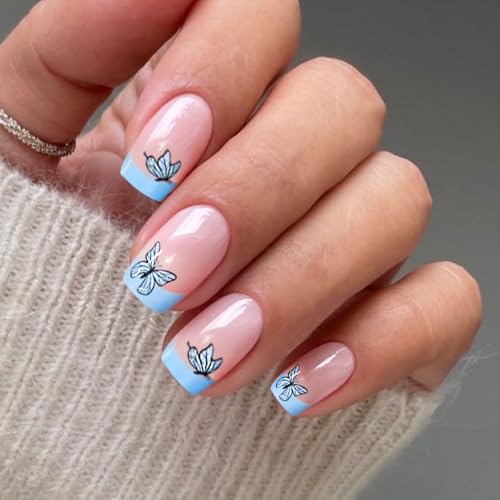 JMEOWIO Uñas de Gel Pegatinas Punta Francesa Mariposa Azul Pegatinas Uñas Gel Nail Art Stickers Decoración