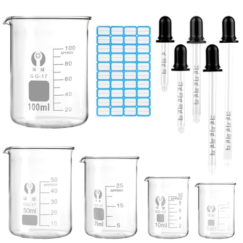 5 vasos medidores pequeños de 100 ml, 50 ml, 25 ml, 10 ml, 5 ml, vaso de precipitado con escala de medición, cristal de borosilicato, mini vaso medidor con gotero graduado y etiqueta adhesiva para
