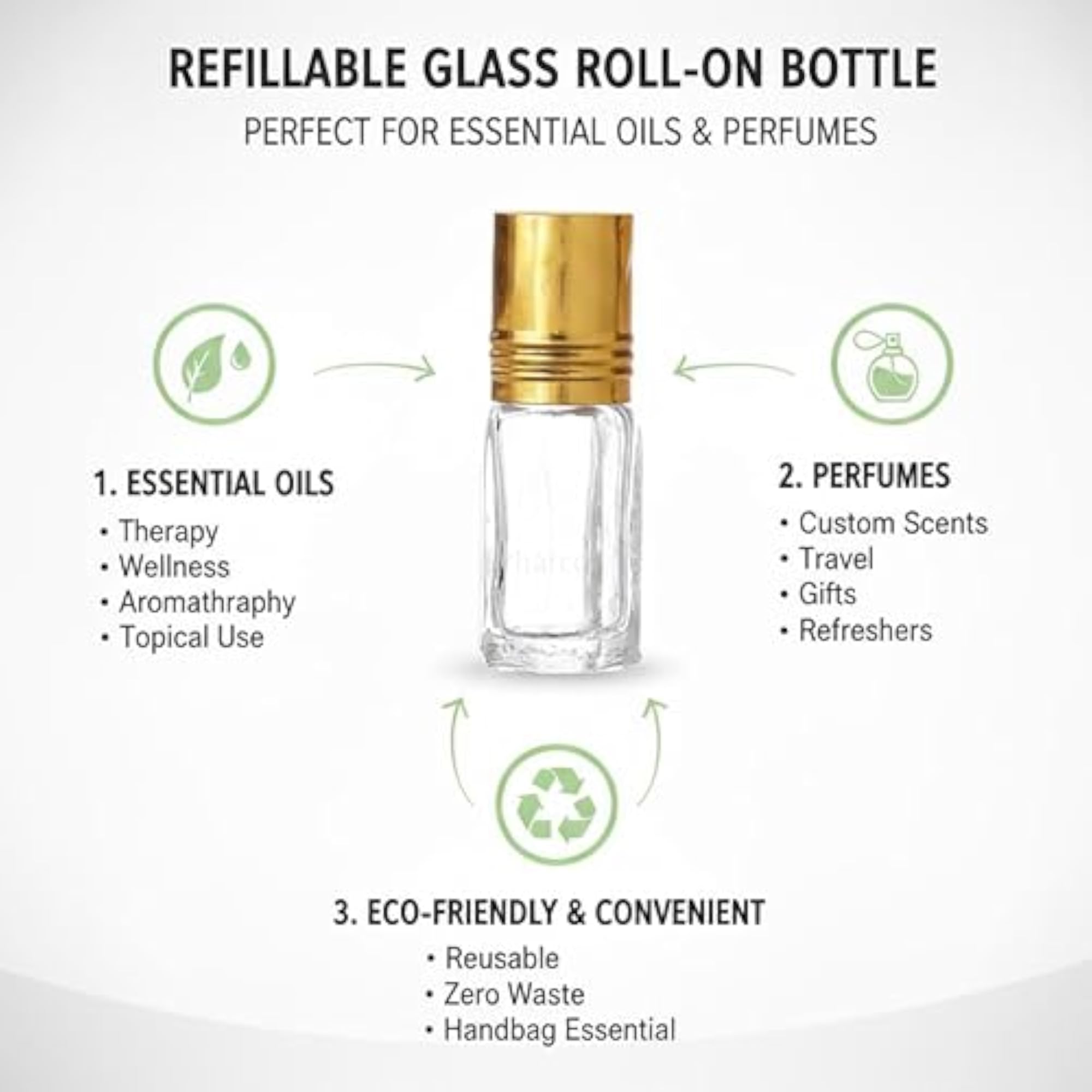 3ml Mini Glass Roll On Bottles with Golden Cap, Set of 1