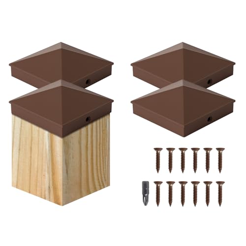 Image of VIVIDA 4x4 Aluminum Post Caps(Actual 3.5 inch x 3.5 inch), Metal Fence Post Caps with Waterproof Matte Powder Coated, for Wooden Fence, Deck, Mailbox, Patio, Screw & Driver Bit Included, Brown, 4 Pack