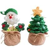 H&S BRIDAL Handmade Crochet Christmas Tree Potted, Mini Knitted Blossom Fake Flower Set for Home and Desk Decor, Car Dash Ornament, for Coworkers, Teacher, Family