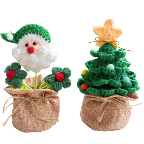 H&S BRIDAL Handmade Crochet Christmas Tree Potted, Mini Knitted Blossom Fake Flower Set for Home and Desk Decor, Car Dash Ornament, for Coworkers, Teacher, Family