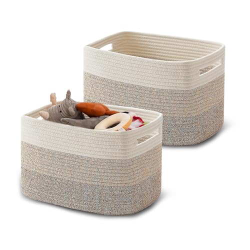 MerwDeeyt 2Pcs Large Cotton Rope Storage Basket 38x25x23cm Woven Organizer Cotton Rope Woven Basket with Handles Cloth Storage Baskets for Living Room Bathroom-Gradient Brown