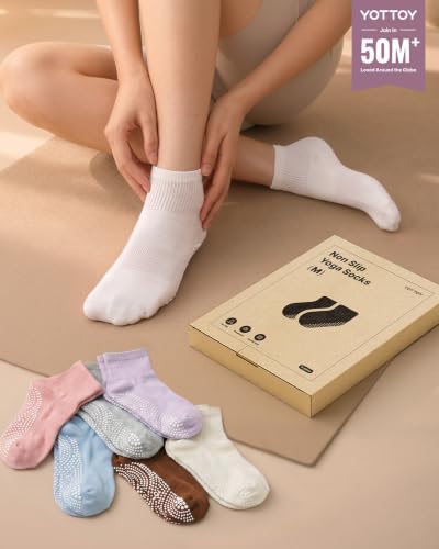 YOTTOY Pilates Grip Socks Women 6 Pairs, Non-Slip Ankle Yoga Socks