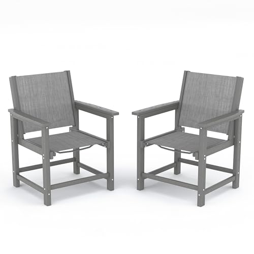 Image of Amopatio HDPE Patio Dining Chair Set of 2 with Armrests - Textilene Outdoor Chair with Wide Seat for Poolside, All Weather UV Resistant Heavy Duty Patio Chair for Backyard Balcony & Deck(Gray)