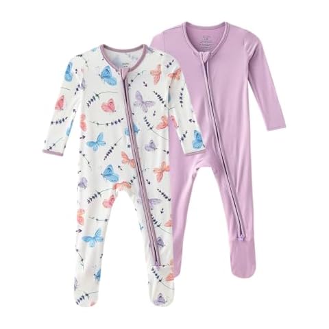 SUZEL Bamboo Viscose Baby Footed Pajamas - Baby Infant Boys Girls One Piece Romper - Sleep 'N Play PJs (Butterfly+Dusty Purple, 6-12M) Cover