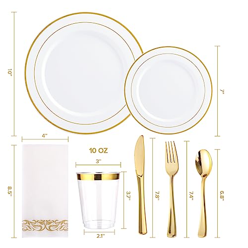 FOCUSLINE 175 Count Gold Dinnerware Set for 25 Guests - Gold Rimmed White Disposable Plastic Plates Heavy Duty, Includes 25 Dinner & Salad Plates, Cups, Cutlery Set for Wedding Parties