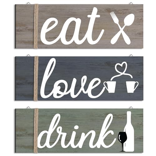Jetec 3 Pcs Farmhouse Kitchen Wall Decor Rustic Wooden Home Eat Drink Love Sign with Hanging Hole for Home Dining Living Room Bar Cafe Decor(Soft Color)