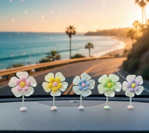 Image of Car Dashboard Decor Sunflower Cute Shaking Head Dancing Flower Interior Accessories Mirror Decorative Ornament (Includes 5 Flowers with Adhesive Stickers for Easy Install) (5 Pcs)