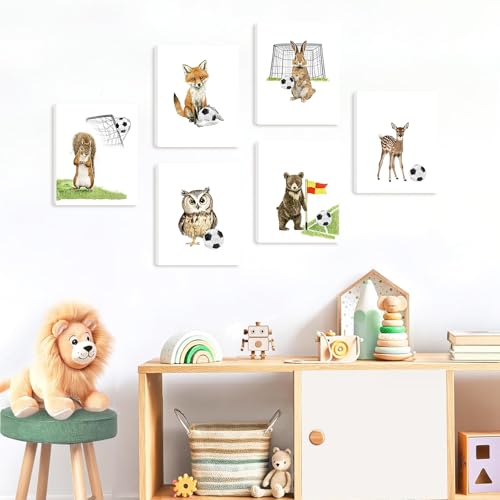BINCUE 6 Stück Cartoon Dschungel Fußball Tier Wandkunst,Waldland Tiere Poster,Kinder Schlafzimmer Home Dekoration,Kinderzimmer Babyzimmer Bilder,Fußball Sport Inspirierender Leinwandbild,25x20cm