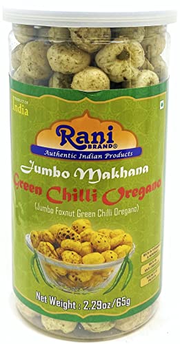 Image of Rani Jumbo Phool Makhana (Fox Nut /Popped Lotus Seed) Green Chilli Oregano Flavor 2.29oz (65g) Vacuum Sealed, Easy Open Top, Resealable Container ~ Indian Tasty Treats | Vegan | NON-GMO | Indian Origin