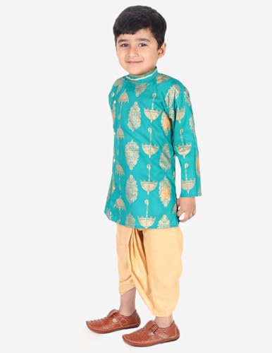 Superminis Boy's Golden Foil Printed Side Open Cotton Kurta, Round Collar, Full Sleeves With Cream Color Dhoti, Kurta Set