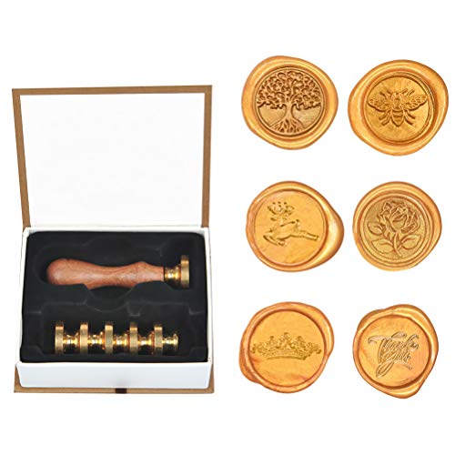 WOWOSS Wax Seal Stamp Set, 6 Pieces Sealing Wax Stamps Copper Seals and 1 Piece Wooden Hilt, Vintage Classical Wax Stamp Kit for Holiday Decorations, Postcards, Invitations, Gift