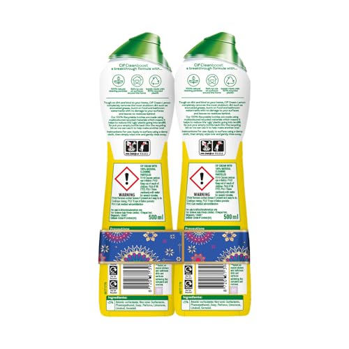 Image of Cif Lemon Abrasive Surface Cleaner Cream for Kitchen & Bathroom, Removes Grease, Dirt & Tough Stains with Natural Cleaning Particles, 2x500ml